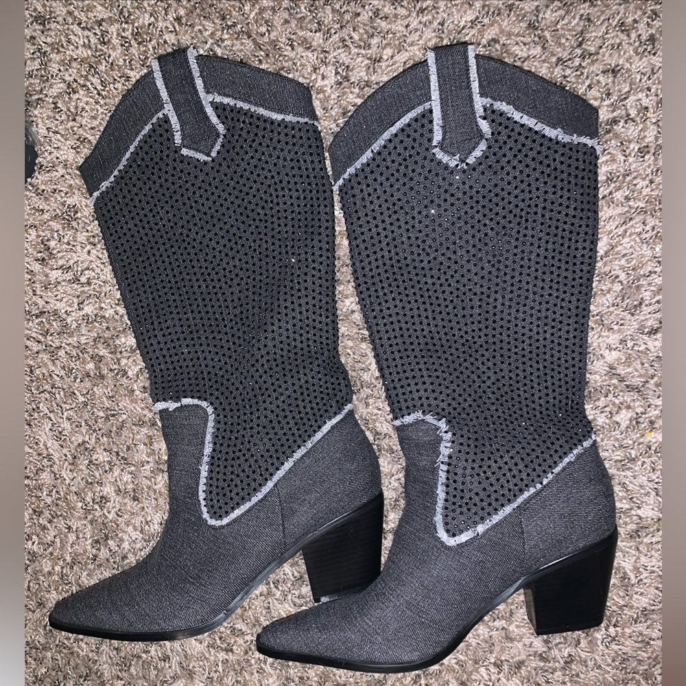 VENUS Gray Perforated Mid-Calf Block Heel Boots